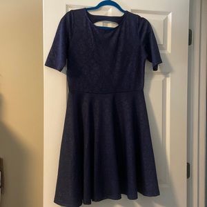 Navy blue brocade design dress - above knee, short sleeves, open triangle back